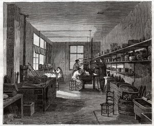 Atelier de galvanoplastie. Galvaniseringsverkstad. av Frederick (attr. to) Barnard