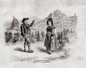 Auvergnats dansar fyllningen på Puy en Velay, Frankrike. cirka 1900 (gravyr) av . .