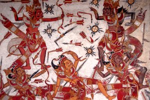 Takmålning i Kungliga slottet; Slaget om gudarna; Papper Gosa; Gili palats park; Klungkung; Semarapura; Bali; Indonesien; Sydöstra Asien; Asien av Frederick (attr. to) Barnard