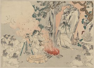 "Countess Kami" dansar för att locka ut solgudinnan Amaterasu ur sin grotta, ca 1890 (träsnitt) av . .