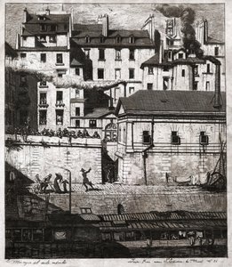 Brottsplats med polisingripande på kajerna i Paris. cirka 1860 (gravyr) av . .