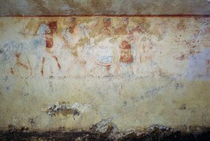 Begravningståg med dansare och musiker, fresk, Tomb of Blue Demons, Necropolis of Tarquinia (UNESCOs världsarvslista, 2004), Lazio, Italien Etruskisk civilisation, 500-talet f.Kr. av Georg Carl Heinrich Dollmann