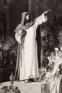 Girolamo Savonarola (1452 1498), italiensk dominikanermunk som predikar mot omoral och lyx som skulle fresta synd, efter ett verk av De Langemantels, från 