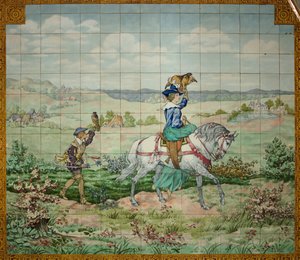 Interiörvy, kakelpanel, målare Furcy Ernest Tondeur, exekutör Boch Frères La Louvière, andra panel, jaktscen med en adelsman och en adelsdam med falkar av . .