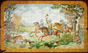 Interiörvy, kakelpanel, målare Furcy Ernest Tondeur, exekutör Boch Frères La Louvière, första panel, jaktscen med tre ryttare av . .