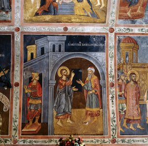 Jesus talar till Pontius Pilatus, freskervalv med scener från Jesu liv, Mikro Sotiris kloster, ön Symi, Grekland (foto) av Georg Carl Heinrich Dollmann