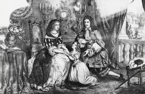 Kung Ludvig XIV och hans dotter ber hertiginnan Louise de La Valliere att inte dra sig tillbaka till klostret