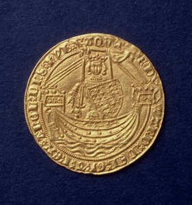 Adel av Edvard III (1312-77) framsida som visar kungen på ett skepp, Calais mint, intro. 1344 (guld) (för baksidan se: 110161) av Hippolyte Lalaise Devéria