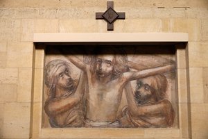 Orval trappistkloster, Belgien. Kyrka. Korsets väg. 11:e stationen av . .