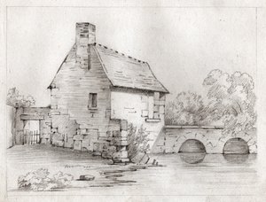 Bondehus vid kanten av en flod. cirka 1830 (illustration) av . .