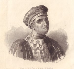Porträtt av den italienske militärledaren Francesco da Bussone även känd som Carmagnola (1380-1432), kopparstick av E Silvestri från målning av William Walcutt