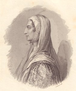 Porträtt av den italienska adelsdamen Beatrice Lascaris di Tenda (1372-1418), kopparstick av G Fusinati från porträtt utgiven av Antonio Campo av William Walcutt