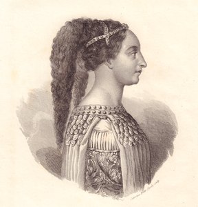 Porträtt av den italienska adelsdamen Isotta degli Atti (cirka 1432-1474), kopparstick av Caterina Piotti-Pirola av William Walcutt