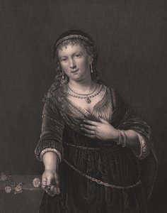 Porträtt av Saskia van Uylenburgh (1612-1642), Rembrandts hustru, gravyr av Daniel John Pound från målning av Rembrandt, från Paynes Royal Dresden Gallery, av Albert Henry Payne, H Payne Dresden och Leipzig Publisher, cirka 1840 av William Walcutt