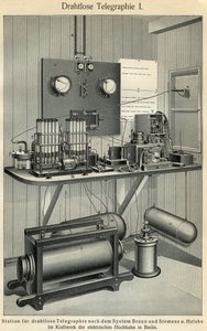 Telekommunikationens framsteg: vetenskaps- och teknikstyrelsen som representerar en gammal telegrafstation. Illustration hämtad från "" Meyers Grosses Konversations - Lexikon""" 1904. Bibliographers Institut, Leipzig och Wien av Ferdinand Georg Waldmuller