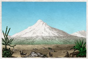 Chimborazo-vulkanen från platån Tapia, Ecuador. cirka 1840 (gravyr) av . .