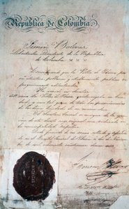 Den handling genom vilken Simon Bolivar förklarade staden San Miguel de Ibarra, huvudstad i den omgivande provinsen, vid den tiden som en del av Stor-Colombia (idag Ecuador), den 2 november av Georg Carl Heinrich Dollmann