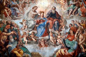 Jungfruns kröning. Fresk. San Donato kyrka. Genua. Italien. av . .