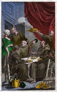 Festen för munkar som bryter mot klosterreglerna. De dricker vin, uppvaktar pigor. 1700-tal (gravyr) av . .