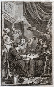 Festen för munkar som bryter mot klosterreglerna. De dricker vin, uppvaktar pigor. 1700-tal (gravyr) av . .