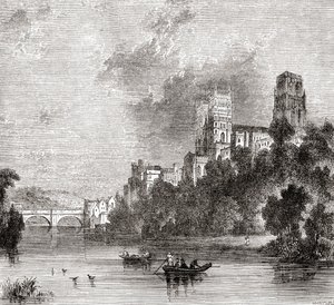 Vy över Durham och katedralen, sett från floden Wear, Durham, England av . .