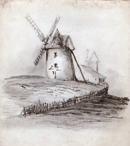 Väderkvarn i Normandie, Frankrike. cirka 1830 (illustration) av . .