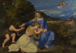 Jungfrun och barnet med spädbarnet Saint John och en kvinnlig helgon eller donator ("The Aldobrandini Madonna") av Tiziano Vecelli