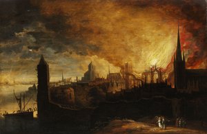 Brinnande stad med Lot, ängeln och hans döttrar av Anonymous