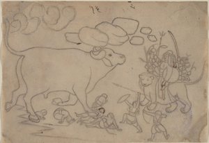 Durga konfronterar Buffalo Demon Mahisha: Scen från Devi Mahatmya, ca. 1780. av a first generation master after Nainsukh