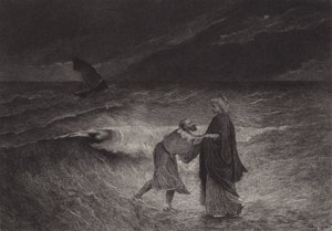 Jesus och Peter på havet av after Albert Robida