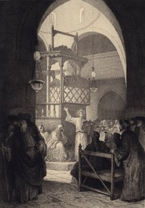 Jesus i synagogan av after Albert Robida