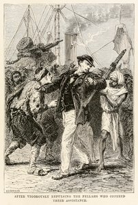 Efter att kraftfullt stött bort de killar som erbjöd sin hjälp, från Jorden runt på åttio dagar av Jules Verne (1828-1905), graverad av Henri-Théophile Hildebrand (1824-1897) 1873 (gravyr