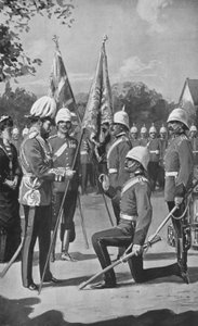 Kung Edward presenterar färger för de kungliga walesiska Fusiliers, 16 augusti 1880