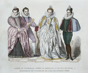 Louise av Lorraine-Vaudemont (1553-1601), hustru till Henri III, hertig av Guise (1549-88), Marguerite av Vaudemont (1564-1625) och Anne av Joyeuse (1561-87) av after Chevignard