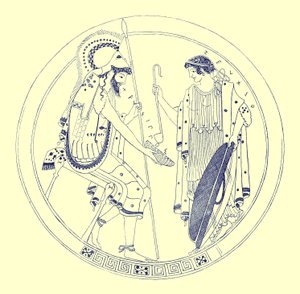 En sittande krigare håller sin vinkopp, illustration från Greek Vase Paintings av J. E. Harrison och D. S. MacColl, publicerad 1894 (digitalt förbättrad bild) av after English School
