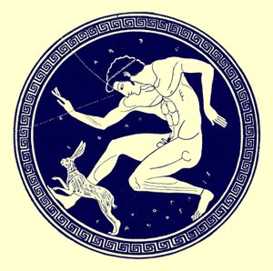 Pojke och hare, illustration från grekiska vasmålningar av J. E. Harrison och D. S. MacColl, publicerad 1894 (digitalt förbättrad bild) av after English School
