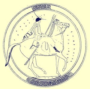 Pojke på häst, illustration från grekiska vassmålningar av J. E. Harrison och D. S. MacColl, publicerad 1894 (digitalt förbättrad bild) av after English School