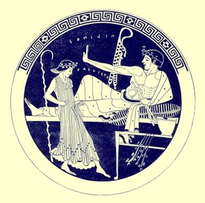 Dansande flicka och festande ungdom, illustration från grekiska vassmålningar av J. E. Harrison och D. S. MacColl, publicerad 1894 (digitalt förbättrad bild) av after English School