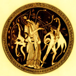 Dionysos och satyrer, illustration från grekiska vassmålningar av J. E. Harrison och D. S. MacColl, publicerad 1894 (digitalt förbättrad bild)