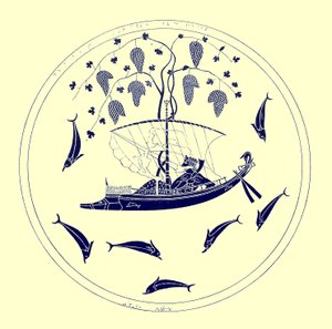 Dionysus till sjöss, illustration från grekiska vassmålningar av J. E. Harrison och D. S. MacColl, publicerad 1894 (digitalt förbättrad bild)