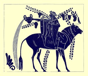 Dionysos rider på en tjur, illustration från grekiska vasmålningar av J. E. Harrison och D. S. MacColl, publicerad 1894 (digitalt förbättrad bild)