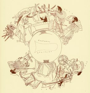 Herakles och Eurystheus, illustration från grekiska vassmålningar av J. E. Harrison och D. S. MacColl, publicerad 1894 (digitalt förbättrad bild) av after English School