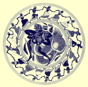 Herakles brottas med Triton, illustration från Greek Vase Paintings av J. E. Harrison och D. S. MacColl, publicerad 1894 (digitalt förbättrad bild) av after English School