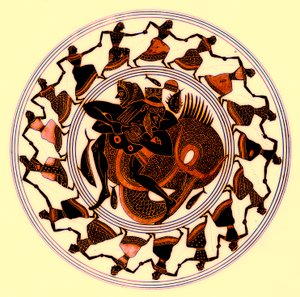 Herakles brottas med Triton, illustration från Greek Vase Paintings av J. E. Harrison och D. S. MacColl, publicerad 1894 (digitalt förbättrad bild)