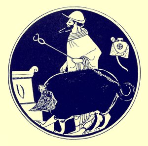 Hermes och den maskerade hunden, illustration från grekiska vasmålningar av J. E. Harrison och D. S. MacColl, publicerad 1894 (digitalt förbättrad bild)