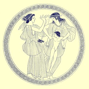 Prokne, Philomela och Itys, illustration från grekiska vasmålningar av J. E. Harrison och D. S. MacColl, publicerad 1894 (digitalt förbättrad bild)