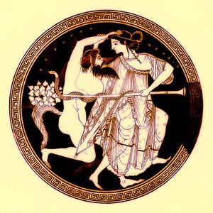 Satyr och Maenad, illustration från grekiska vasmålningar av J. E. Harrison och D. S. MacColl, publicerad 1894 (digitalt förbättrad bild)