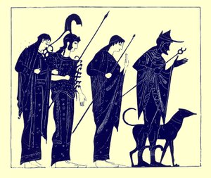 The Judgment of Paris, illustration från grekiska vasmålningar av J. E. Harrison och D. S. MacColl, publicerad 1894 (digitalt förbättrad bild)