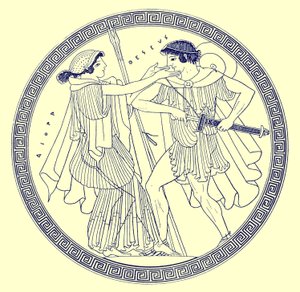 Theseus och Aethra, illustration från grekiska vassmålningar av J. E. Harrison och D. S. MacColl, publicerad 1894 (digitalt förbättrad bild)