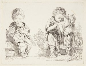 Barn som sitter på en jordklump och de små mjölkdrickarna av after Francois Boucher